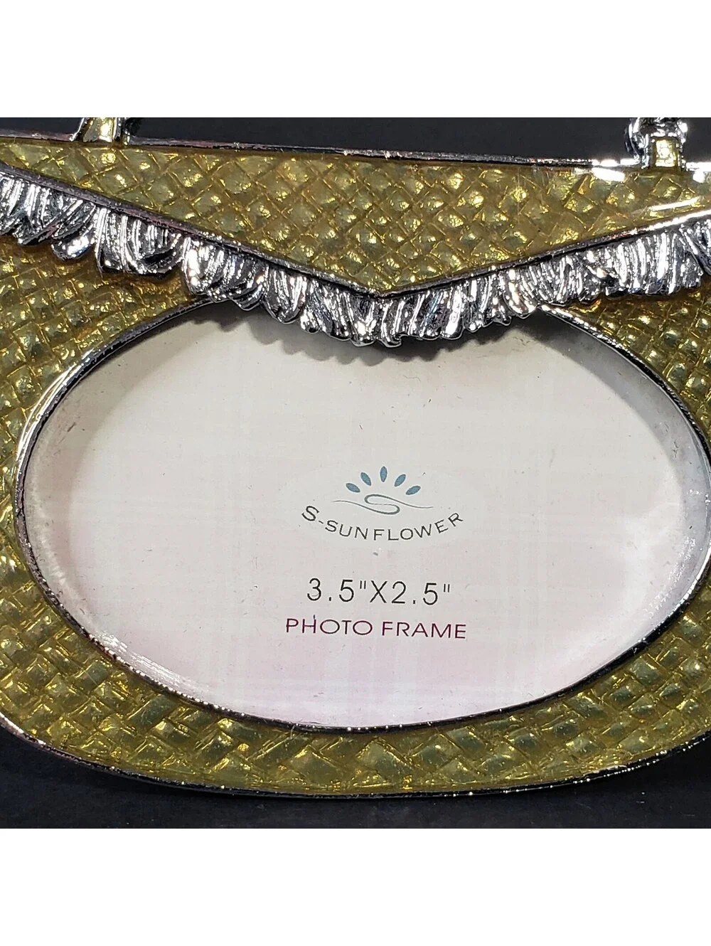 S. Sunflower Metal Gold Enamel Purse Photo Frame Handbag 3.5 x 2.5 Picture Easel